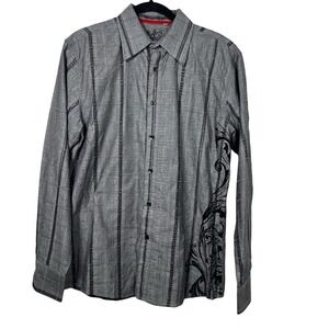 191 Unlimited Long Sleeve Men's Large Shirt Black Gray‎ Red Flocked Baroque